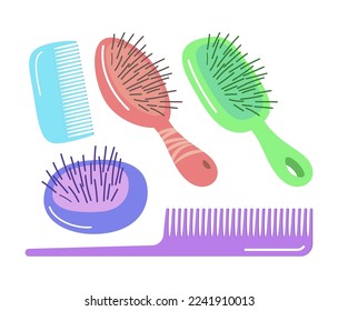 Different combs and hairbrushes vector illustrations set. Cartoon drawings of brushes for hair, hairdresser equipment isolated on white background. Beauty, accessories, fashion concept