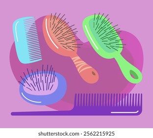 Different combs and hairbrushes vector illustrations set. Cartoon drawings of brushes for hair, hairdresser equipment on abstract background. Beauty, accessories, fashion concept