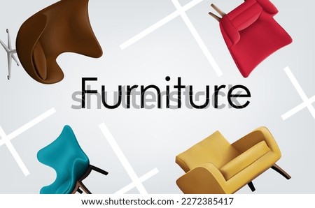 Different comfortable various colored armchairs spread over white background free space, furniture for modern living room interior design and advertising shopping online home decoration for customer