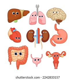 Diferentes ilustraciones vectoriales de órganos internos humanos de historietas. Dibujos de dibujos animados de hígado, pulmones, cerebro, corazón, estómago aislados en fondo blanco. Anatomía, biología, salud, concepto educativo