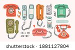 Different communication devices. Set of Various classic and modern telephones. Wire, cell and mobile  phones. Retro vintage style icons. Hand drawn Vector illustration. All elements are isolated