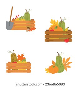 Different composition with pumpkins, autumn leaves, berries and mushrooms in the garden boxes. Autumntime, harvest concept. Vector illustration.