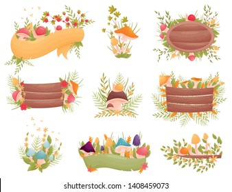 Different compositions of mushrooms and flowers. Vector illustration on white background.