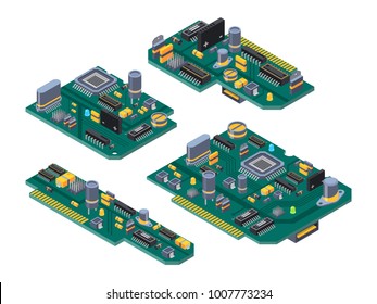 Different computer boards with semiconductors, capacitor and chips. Motherboard electronic circuit, microchip and semiconductor. Vector illustration