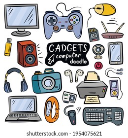 Different computer gadgets. Doodle colorful vector illustrations isolated on white background