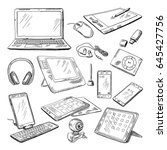 Different computer gadgets. Doodle vector illustrations isolate on white. Gadget sketch drawing, electronic laptop and video camera.