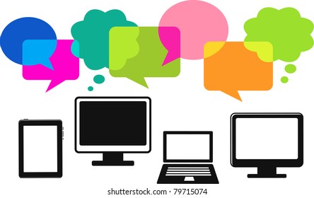 different computer icons with speech bubbles