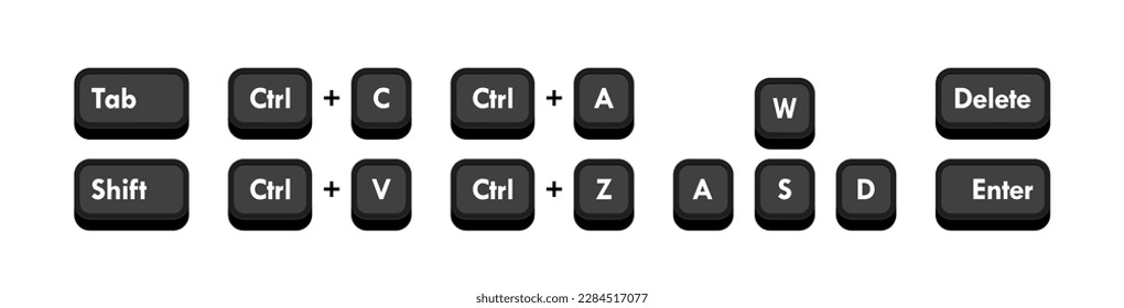 Diferentes combinaciones de botones de teclado del equipo. Combinación de teclas de acceso rápido como copiar, pegar, seleccionar, cancelar y eliminar. Ilustración vectorial.