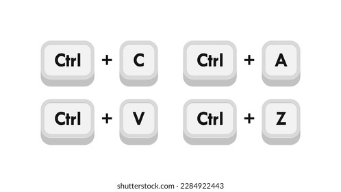 Diferentes combinaciones de botones de teclado del equipo. Combinación de teclas de acceso rápido como copiar, pegar, seleccionar y cancelar. Ilustración vectorial.