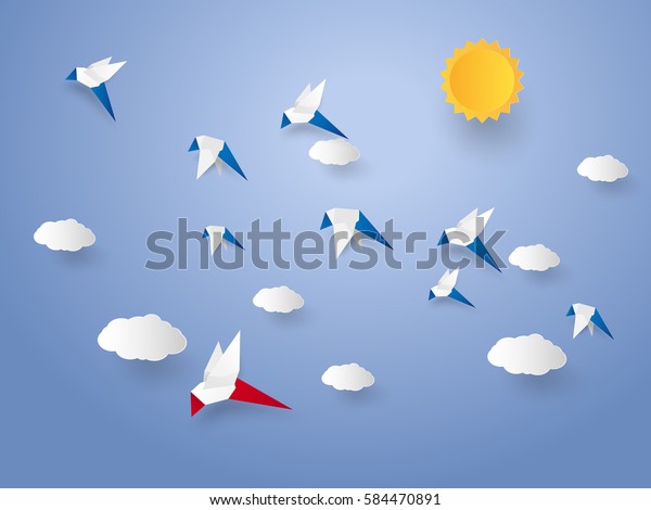 Different concept , Flock of birds flying in the\
sky, paper art style