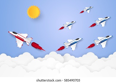 Different concept , Jet plane flying in the sky, paper art style