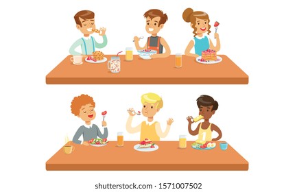 Different Conceptions Of Children Feeding, Healthy Meals And Fastfood Vector Illustration Cartoon Character