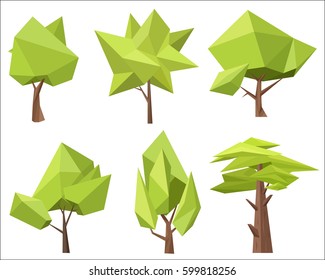 The different conceptual green trees with the angles vector illustration. Low poly polygon trees set.
