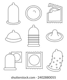 Different condoms. Coloring Page. Contraception and birth control methods concept. Safe sex. Hand drawn style. Vector drawing. Collection of design elements.