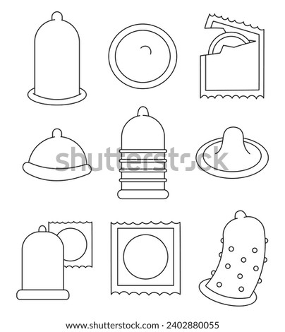 Different condoms. Coloring Page. Contraception and birth control methods concept. Safe sex. Hand drawn style. Vector drawing. Collection of design elements.
