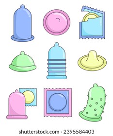 Diferentes condones. Concepto de métodos anticonceptivos y anticonceptivos. Sexo seguro. Estilo dibujado a mano. Dibujo de vectores. Colección de elementos de diseño.