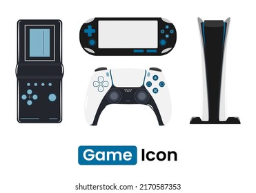 Different consoles for video games vector illustrations set in the white background. 