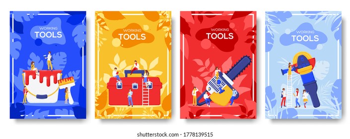 Different construction company brochure cards. Working tools template of flyers, magazines, posters, book cover, banners. Colorful building. Layout icons page grain texture and noise effect.