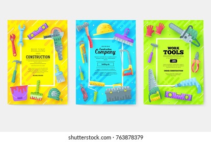 different construction company brochure cards. Working tools template of flyear, magazines, posters, book cover, banners. Colorful diy, building, work set background. Layout icons page.