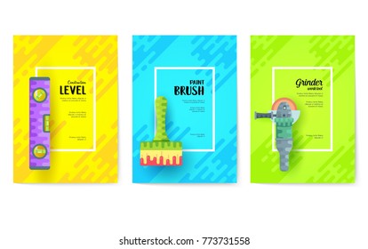 different construction company brochure cards. Working tools template of flyear, magazines, posters, book cover, banners. Colorful diy, building, work set background. Layout icons page.