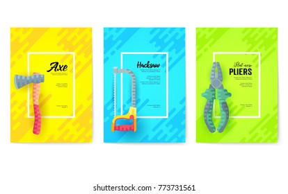 different construction company brochure cards. Working tools template of flyear, magazines, posters, book cover, banners. Colorful diy, building, work set background. Layout icons page.