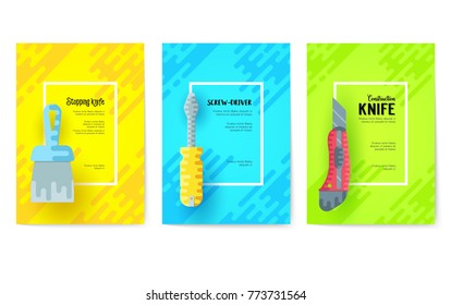 different construction company brochure cards. Working tools template of flyear, magazines, posters, book cover, banners. Colorful diy, building, work set background. Layout icons page.