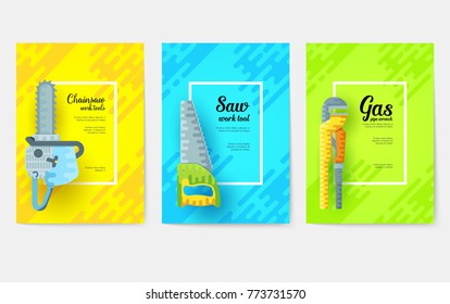 different construction company brochure cards. Working tools template of flyear, magazines, posters, book cover, banners. Colorful diy, building, work set background. Layout icons page.