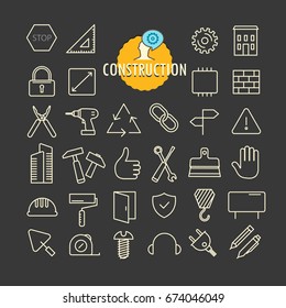 Different construction icons vector collection. Web and mobile app outline icons set on dark background