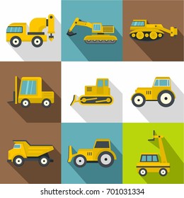 Different construction machinery icons set. Flat set of 9 different construction machinery vector icons for web with long shadow