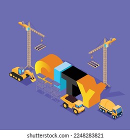 Different construction machines on building site mount huge words city isometric 3d vector illustration concept for banner, website, illustration, landing page, flyer, etc.