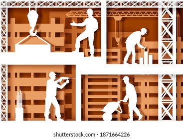 Different construction workers silhouettes, vector illustration in paper art style. Construction site. Home building industry.