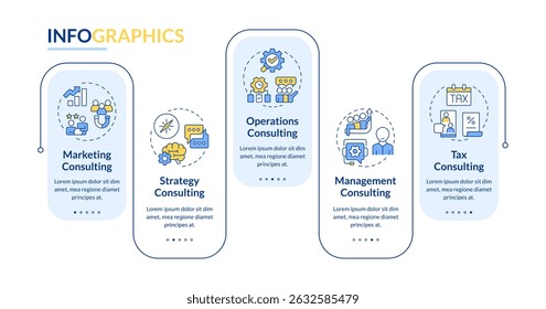 Different consulting types rectangle infographic vector. Tax management, workflow organization. Data visualization with 5 steps. Editable rectangular options chart