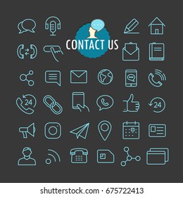 Different contact icons vector collection. Web and mobile app outline icons set on dark background