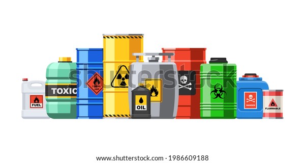 Different container with hazard chemical\
liquid in row line. Compressed gas and oil safety tank with\
dangerous radioactive flammable substance vector illustration\
isolated on white\
background