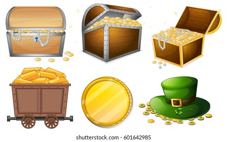 Different containers filled with gold illustration