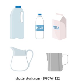 Different containers with milk. Collection of glass, jug, carton and bottles in cartoon style.
