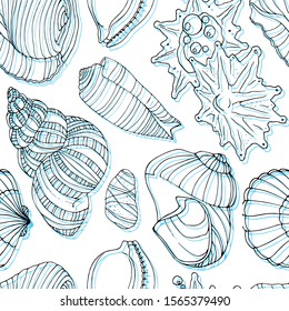Different contour of sea shells on a white background. Seamless vector pattern can be used for wallpaper, pattern fills, web page background,surface textures.