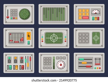 Different control panels cartoon illustration set. Retro consoles with buttons, knobs, switches. Metal dashboard or display of spacecraft or space ship. Equipment, machine, computer concept