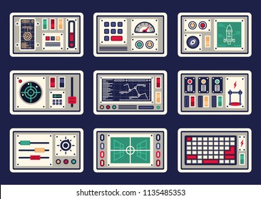 Different control panels, consoles, buttons and devices, radar for spacecraft