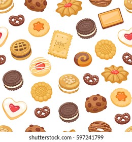 Different Cookie Cake Isolated Vector Illustration. Tasty Holidays Traditional Sugar Cakes Food Cookie Isolated On White. Jam, Chocolate And Cream Background