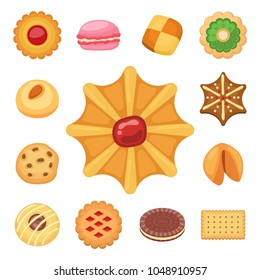 Different cookie cakes top view sweet food tasty snack biscuit sweet dessert vector illustration.
