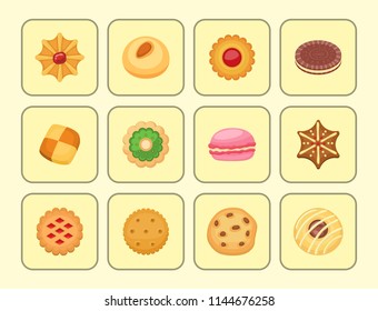 Different cookie cakes top view sweet food tasty snack biscuit sweet dessert vector illustration.