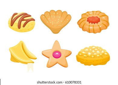 Different cookie homemade breakfast bake cakes isolated and tasty snack biscuit pastry delicious sweet dessert bakery eating vector illustration.