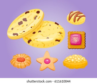 Different cookie homemade breakfast bake cakes isolated and tasty snack biscuit pastry delicious sweet dessert bakery eating vector illustration.