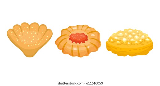Different cookie homemade breakfast bake cakes isolated and tasty snack biscuit pastry delicious sweet dessert bakery eating vector illustration.