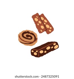 Diferentes cookies: remolinos, galletas, brownies. Dulces aperitivos, postres para el desayuno. Panadería casera. Comida de harina de chocolate, pastelería. Ilustración vectorial dibujada a mano aislada plana sobre fondo blanco