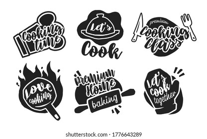 Different cooking calligraphy labels flat icon set. Round emblems and signs for bistro, restaurant and menu vector illustration collection. Gastronomy and typography concept