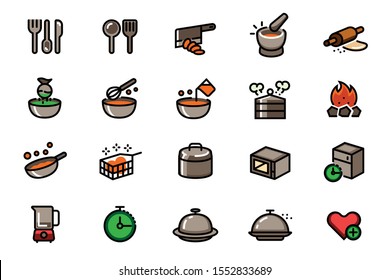 Different cooking with kitchenware in outline color icon style.
