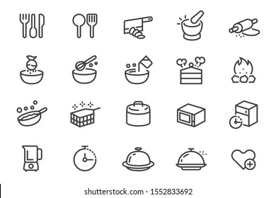 Different cooking with kitchenware in outline icon style.