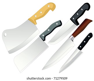 different cooks kitchen knives on a white background